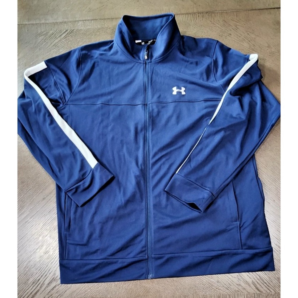 Under Armour Mens XXL Navy Blue Full Zip Track Jacket White Sleeve Stripe Fitted